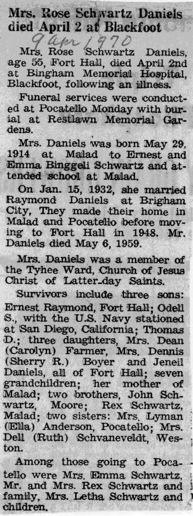 Rose Schwartz Daniels obit