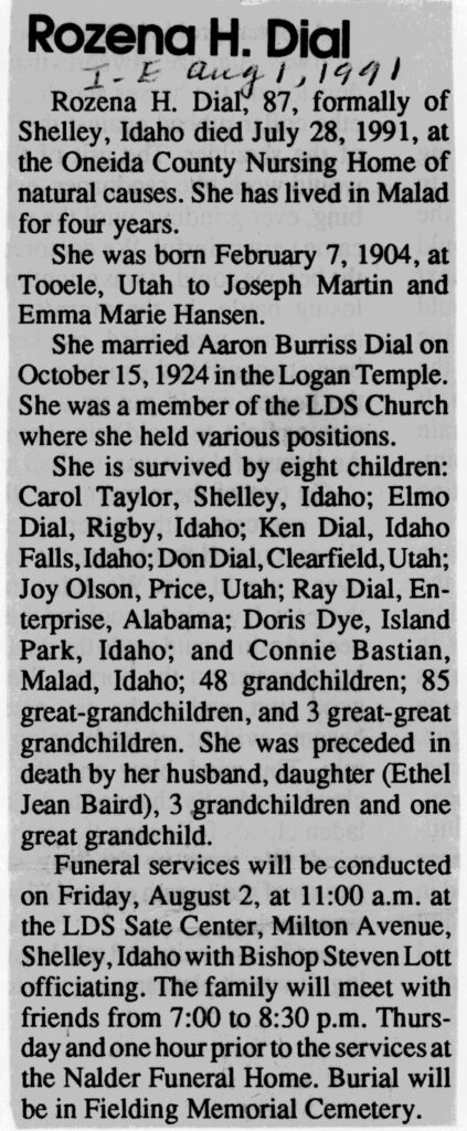 Rozena H Dial obit