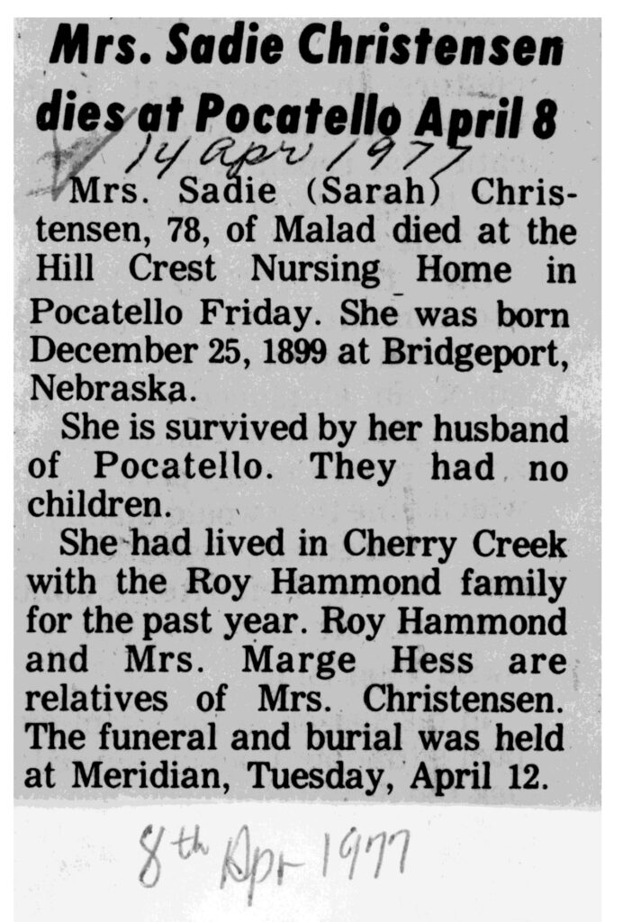 Sadie (Sarah) Christensen obit