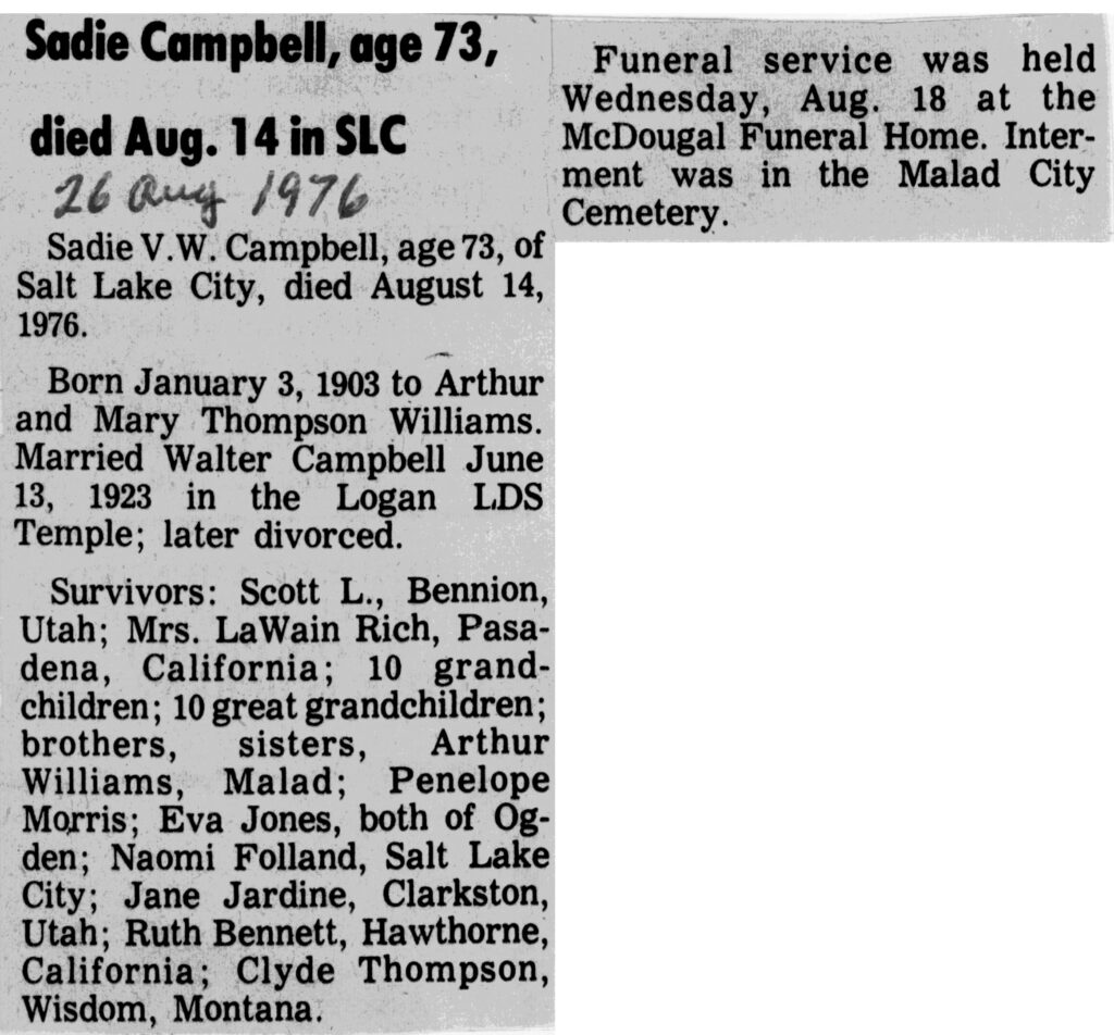 Sadie V W Campbell obit