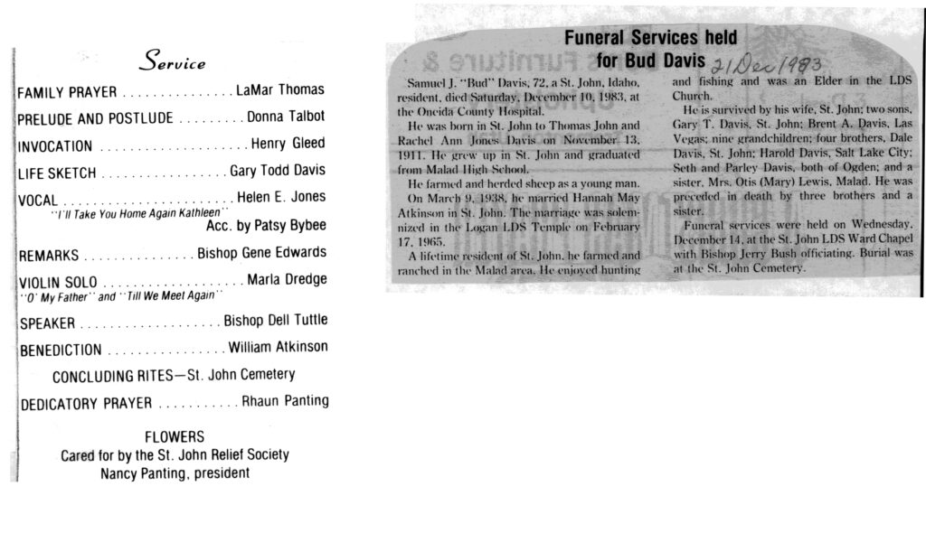 Samuel J (Bud) Davis obit and program
