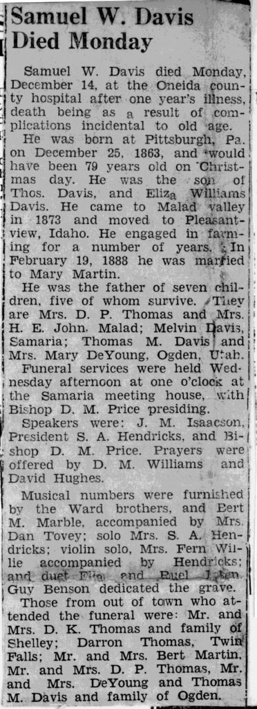 Samuel W Davis obit and funeral