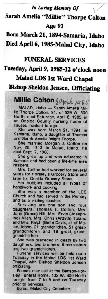 Sarah Amelia (Millie) Thorpe Colton obit