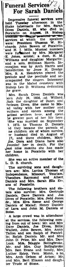 Sarah Dives Daniels obit and funeral