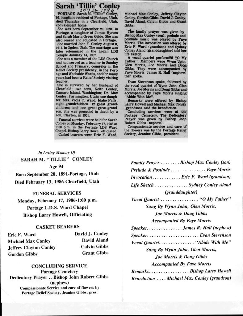 Sarah M (Tillie) Conley obit and program
