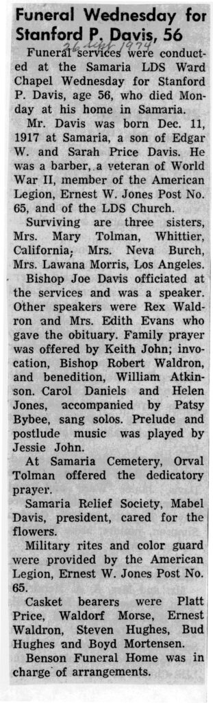 Stanford P Davis obit and funeral