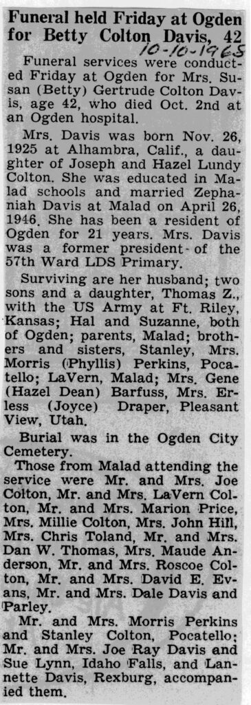 Susan (Betty) Gertrude Colton Davis obit