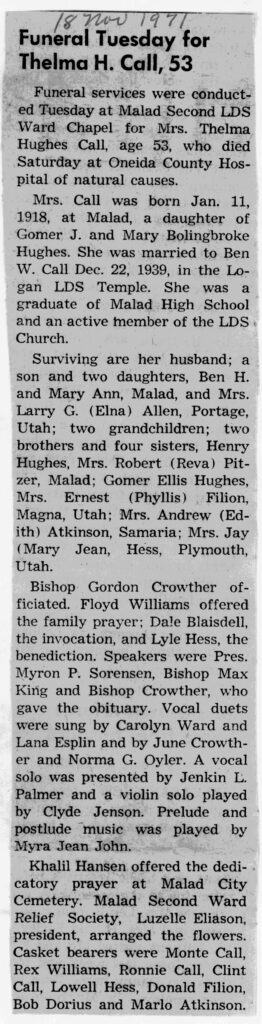 Thelma Hughes Call obit and funeral