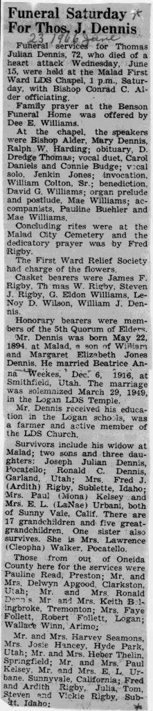 Thomas Julian Dennis obit and funeral