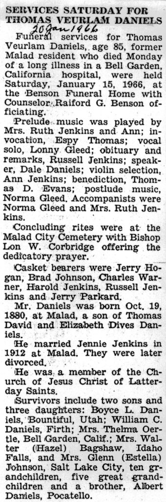 Thomas Veurlam Daniels obit and funeral