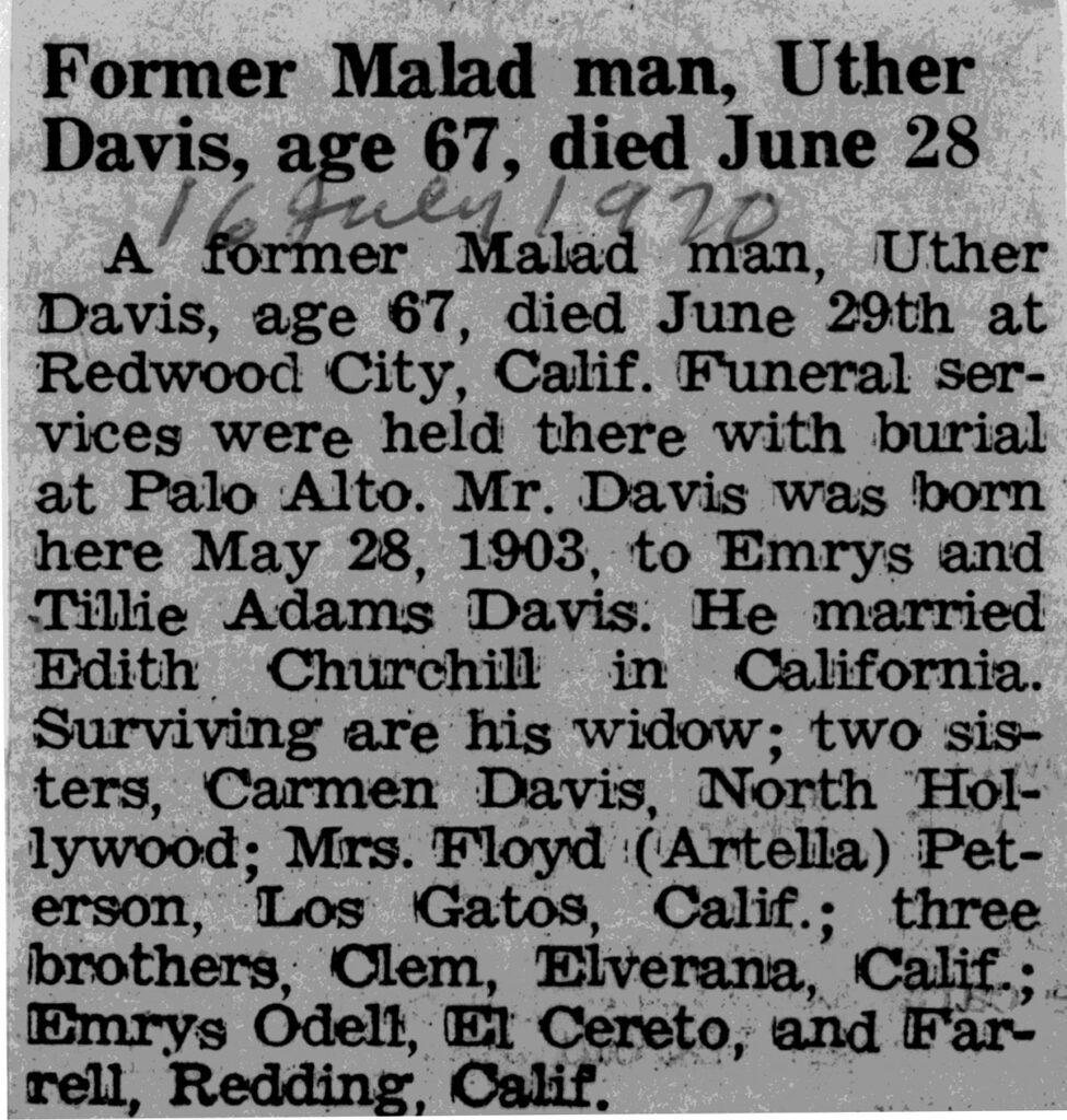 Uther Davis obit