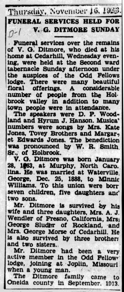 V G Ditmore obit and funeral