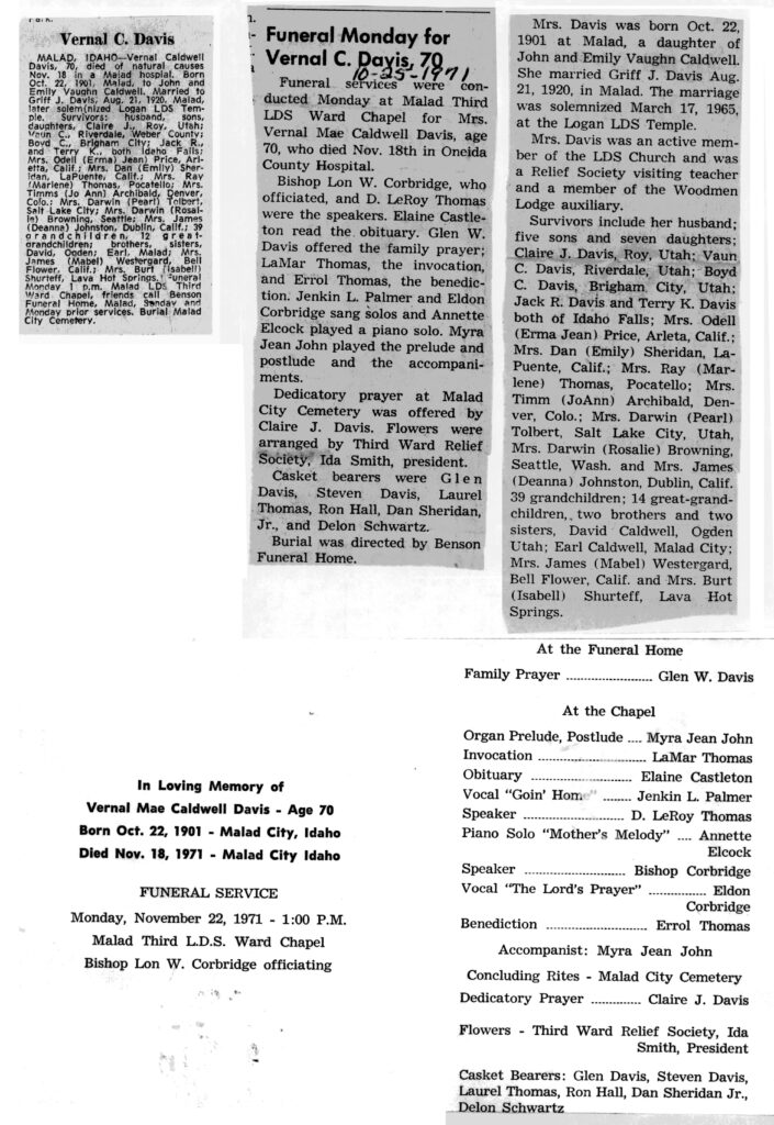 Vernal Mae Caldwell Davis obit and program