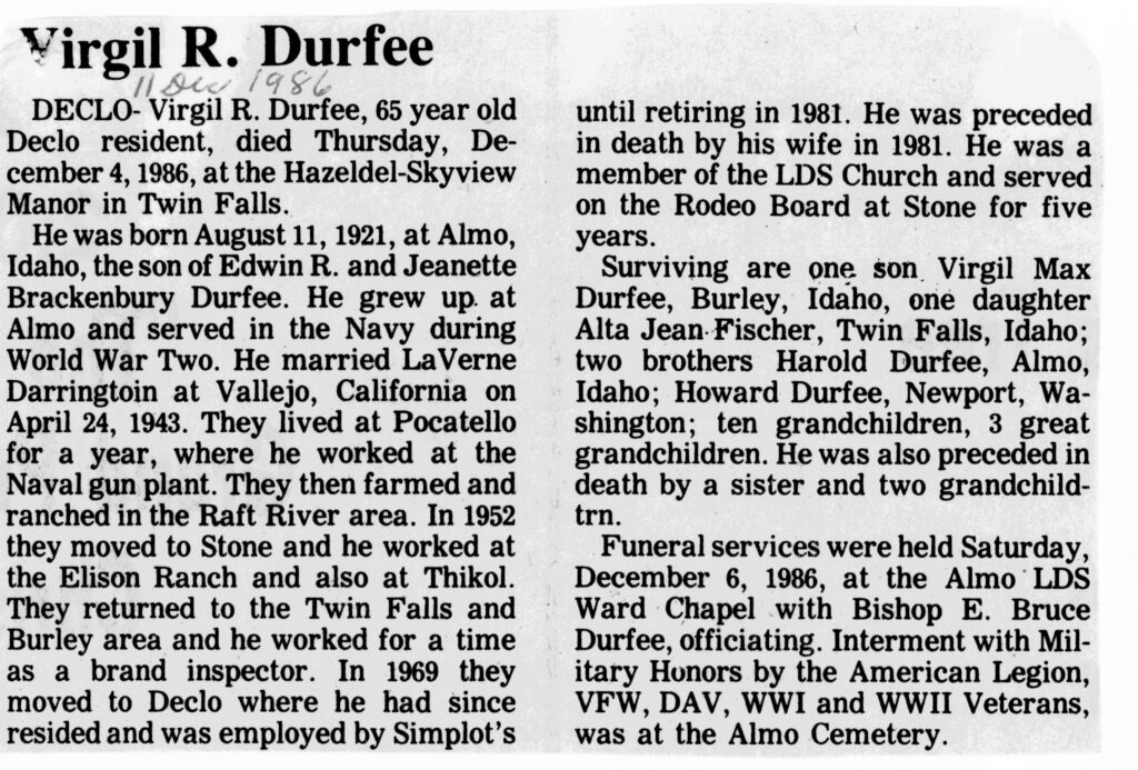 Virgil R Durfee obit
