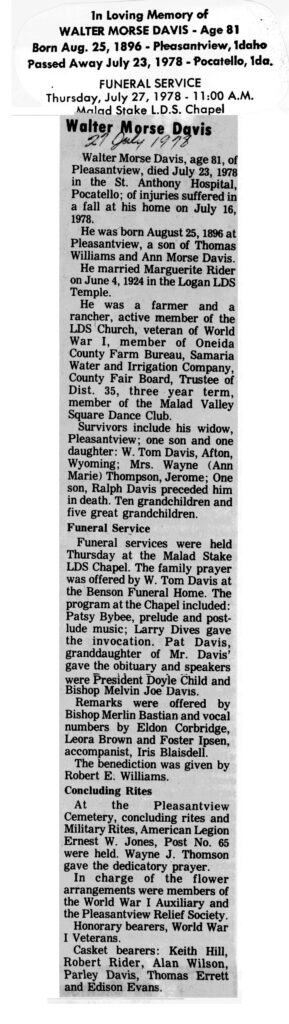 Walter Morse Davis obit and funeral