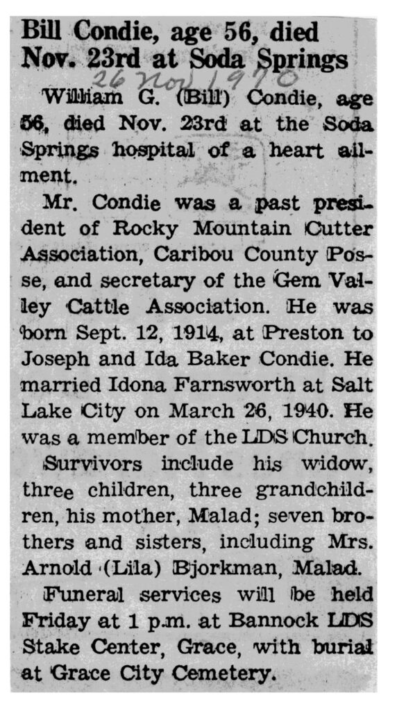 William G (Bill) Condie obit