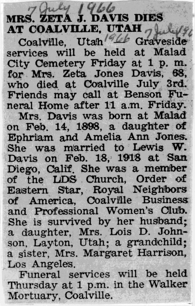 Zeta Jones Davis obit