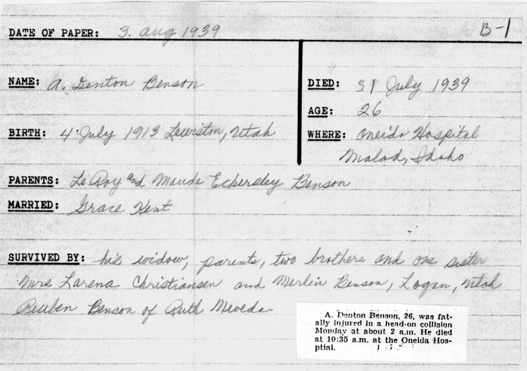 A Denton Benson death notice