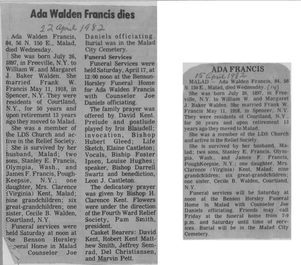 Ada Walden Francis obit and funeral