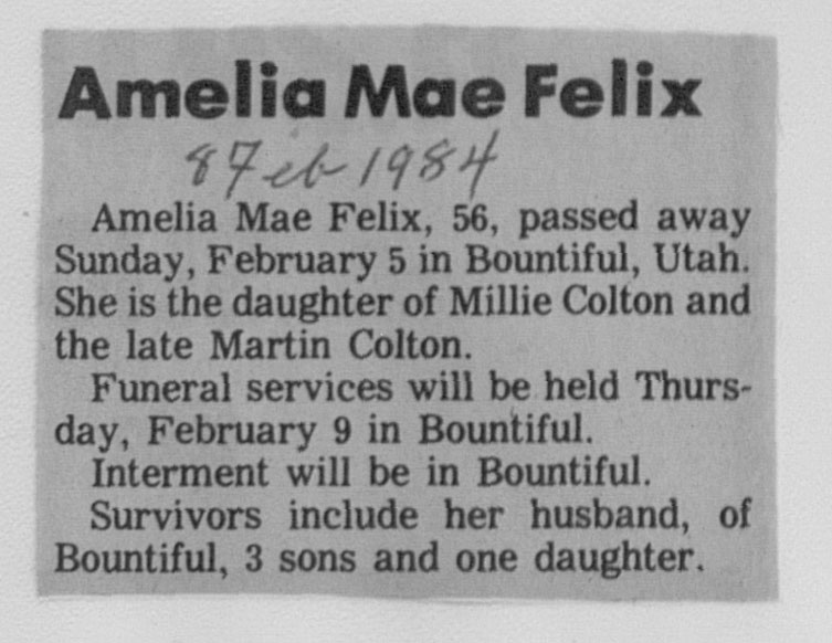 Amelia Mae Felix death notice