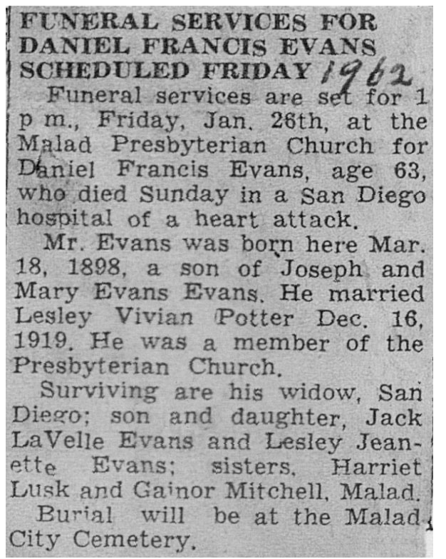 Daniel Francis Evans obit