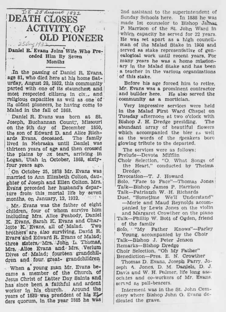 Daniel R Evans obit and funeral