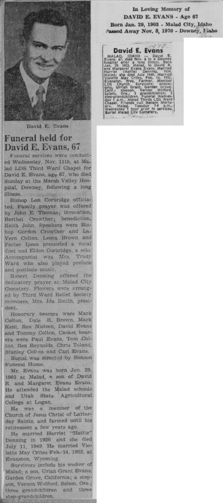 David E Evans obit and funeral