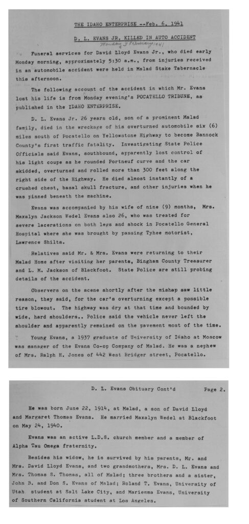 David Lloyd Evans Jr funeral and accident repor ttyped up