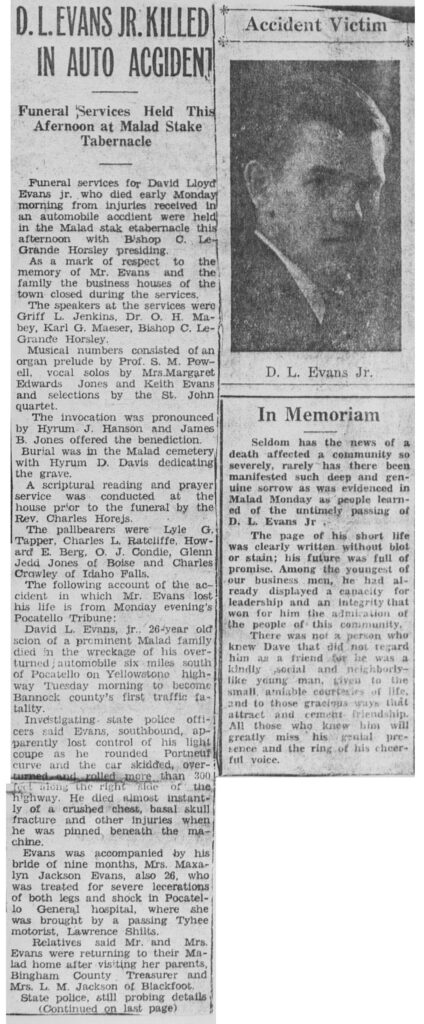 David Lloyd Evans Jr funeral and accident report