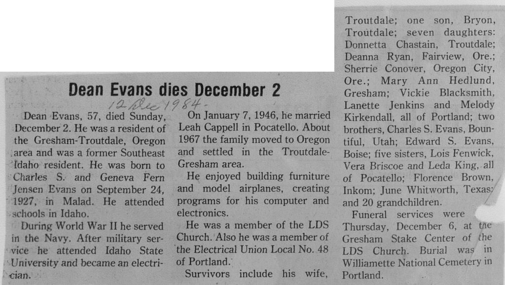 Dean Evans obit
