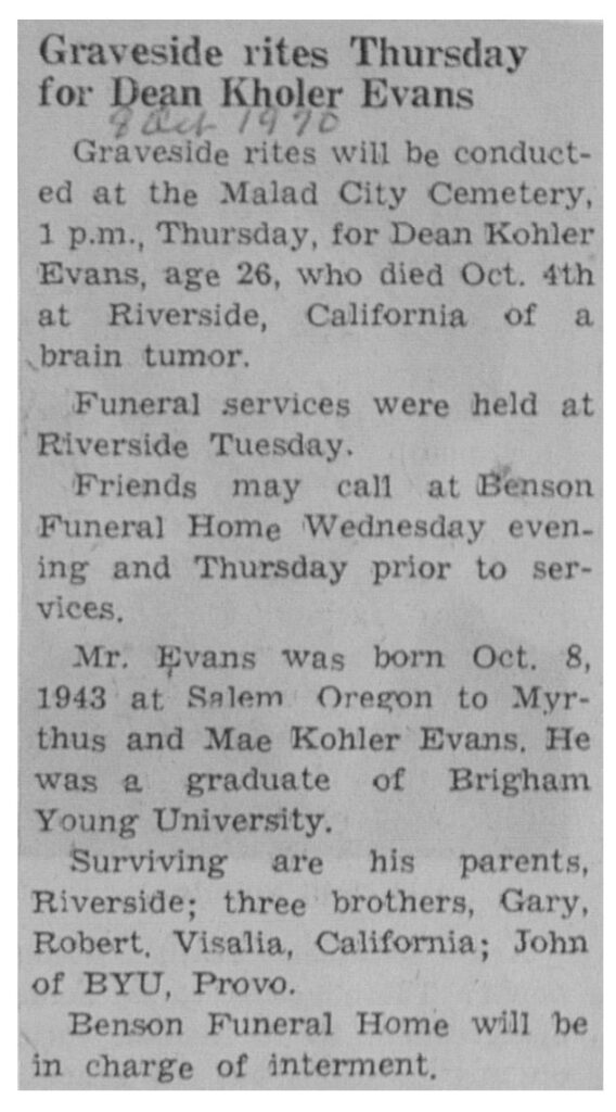 Dean Kholer Evans obit