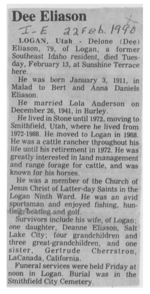 Delone (Dee) Eliason obit