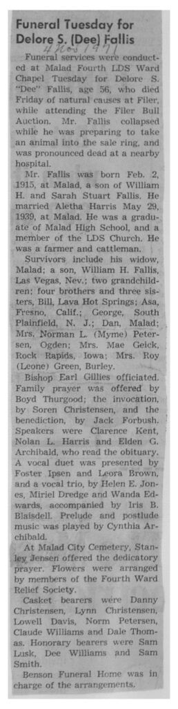 Delore S (Dee) Fallis obit and funeral
