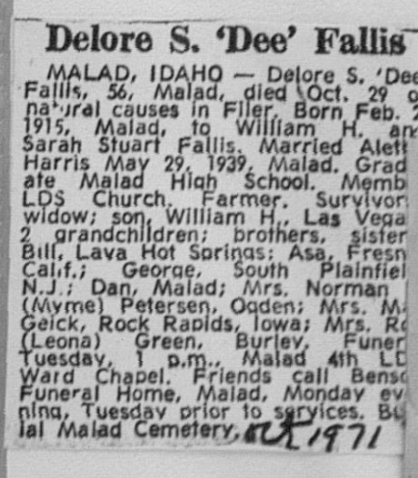 Delore S (Dee) Fallis obit