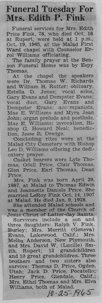 Edith Price Fink obit and funeral