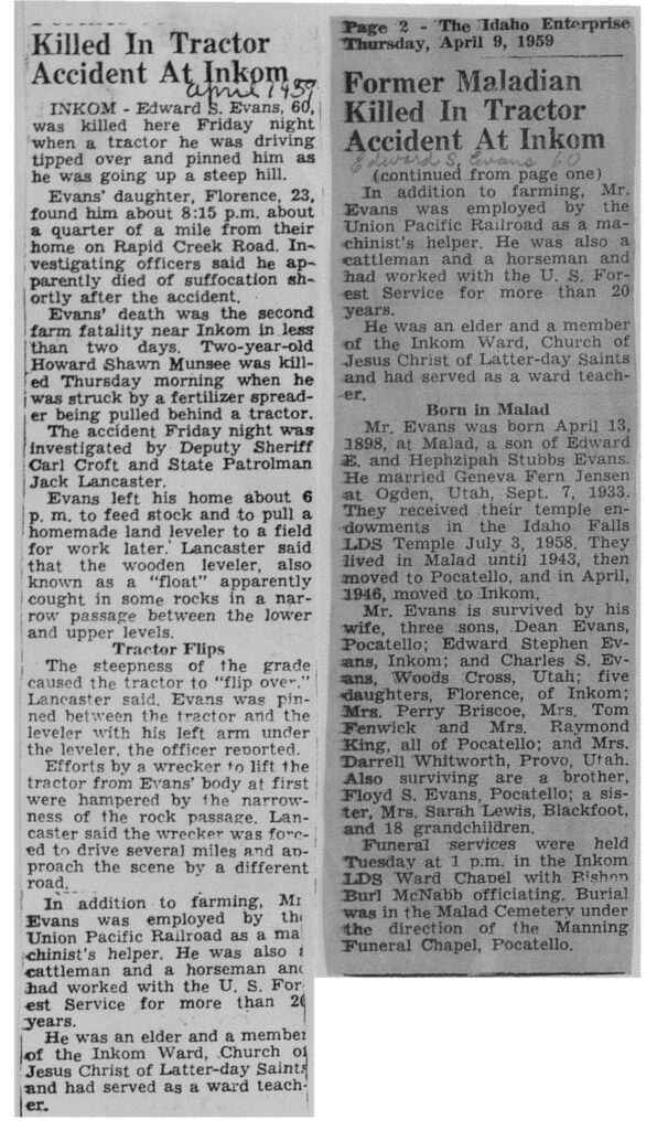 Edward S Evans obit and accident report