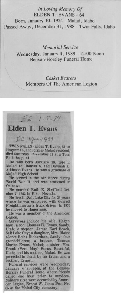 Elden T Evans obit