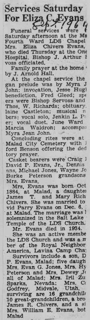 Eliza Chivers Evans obit and funeral