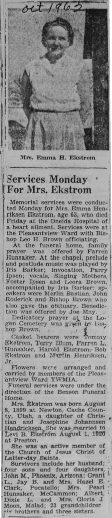 Emma Hendriksen Ekstrom obit and funeral