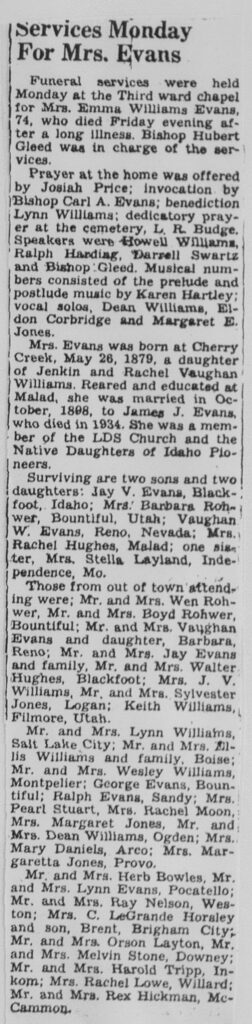 Emma Williams Evans obit and funeral