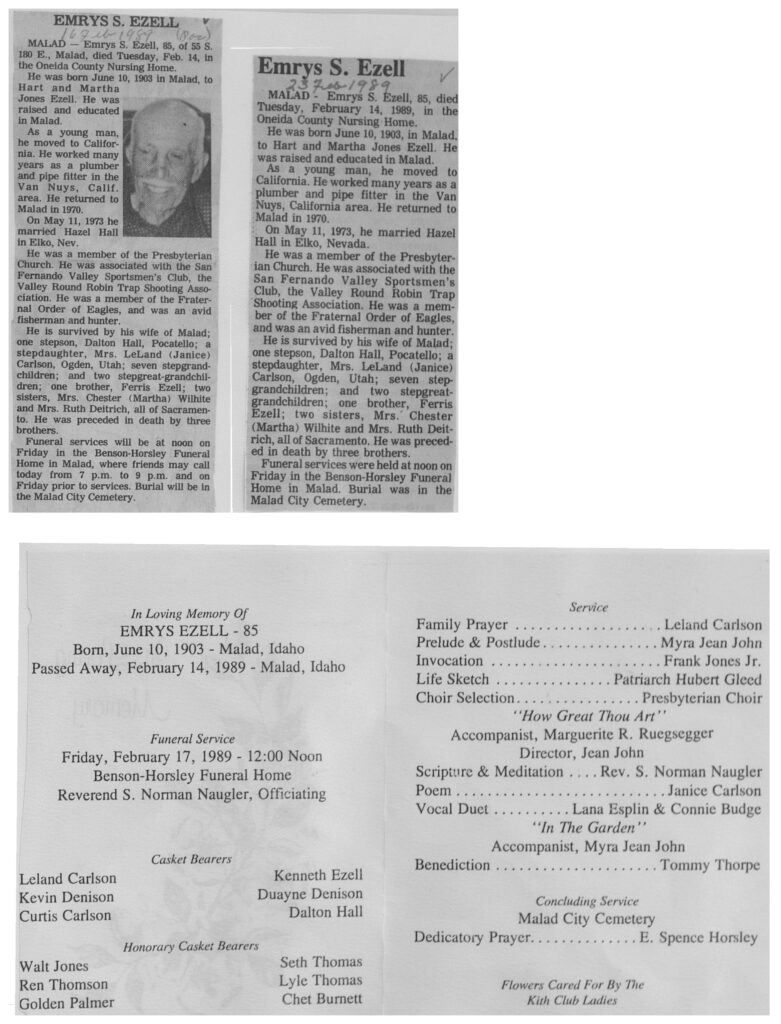 Emrys S Ezell obit and program