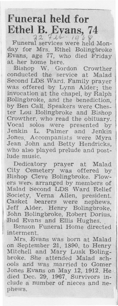 Ethel Bolingbroke Evans obit and funeral