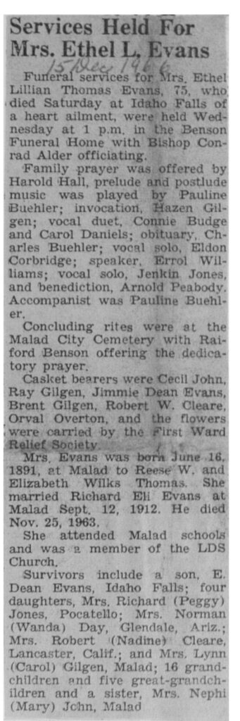 Ethel Lillian Thomas Evans obit and funeral
