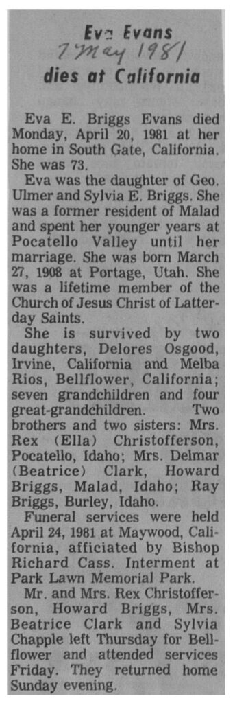 Eva E Briggs Evans obit