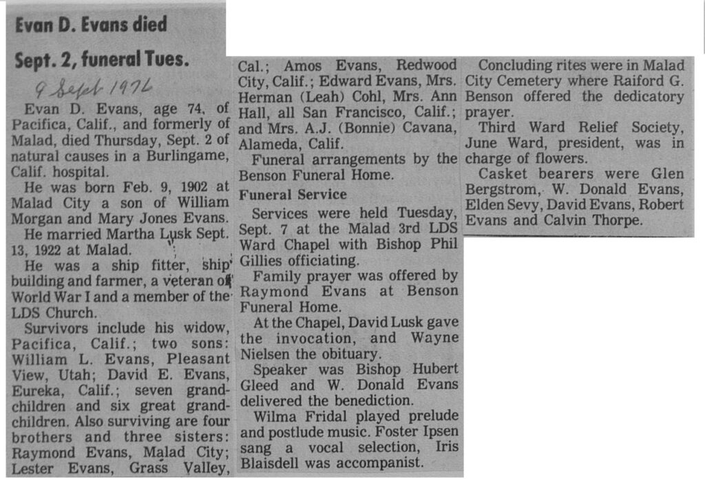 Evan D Evans obit and funeral