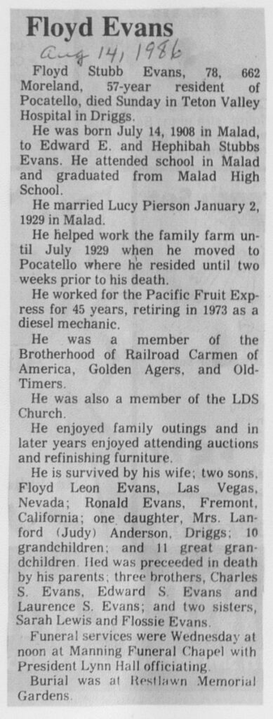 Floyd Stubb Evans obit