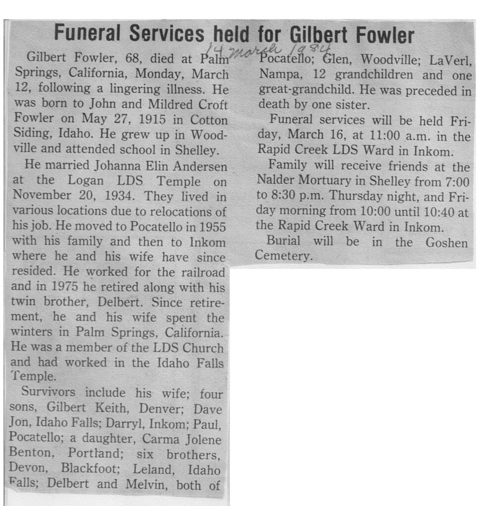 Gilbert Fowler obit