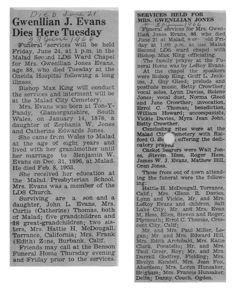 Gwenllian Jones Evans obit and funeral