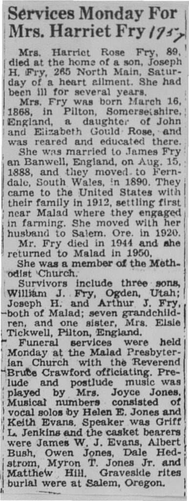Harriet Rose Fry obit and funeral