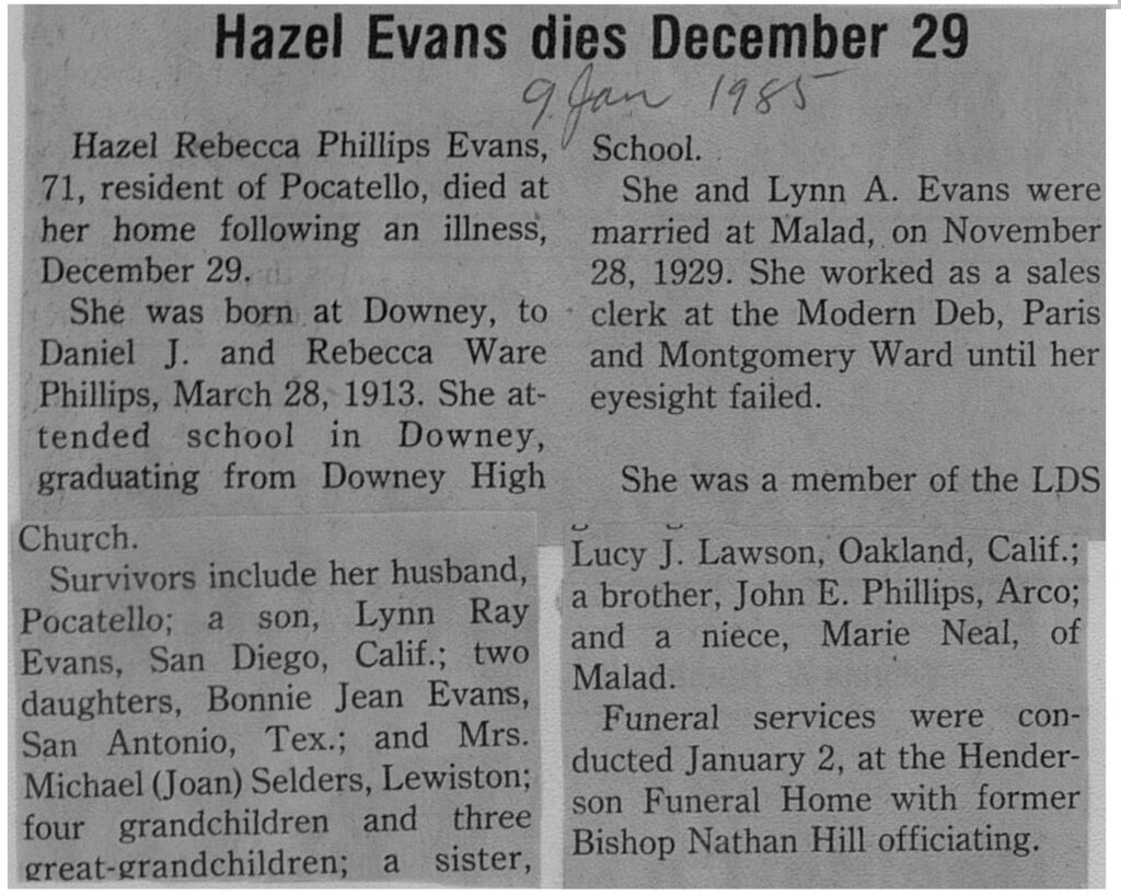 Hazel Rebecca Phillips Evans obit